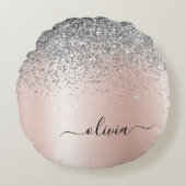 Roos Gold - Blush Pink Silver Glitter Monogram Rond Kussen (Voorkant)