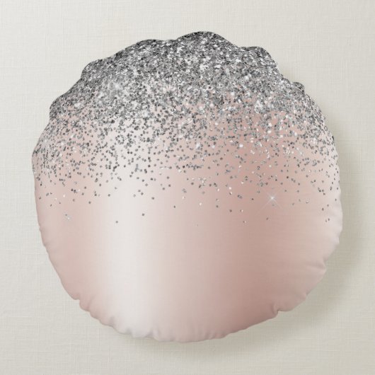 Roos Gold - Blush Pink Silver Glitter Monogram Rond Kussen (Achterkant)