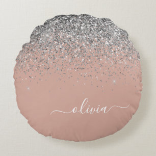 Roos Gold Blush Pink Silver Glitter Monogram Rond Kussen