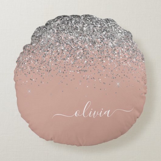 Roos Gold Blush Pink Silver Glitter Monogram Rond Kussen (Voorkant)