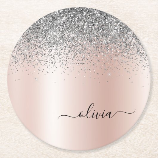 Roos Gold - Blush Pink Silver Glitter Monogram Ronde Kartonnen Onderzetter (Voorkant)
