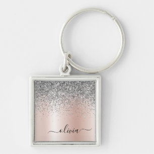 Roos Gold - Blush Pink Silver Glitter Monogram Sleutelhanger