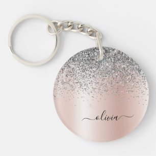 Roos Gold - Blush Pink Silver Glitter Monogram Sleutelhanger