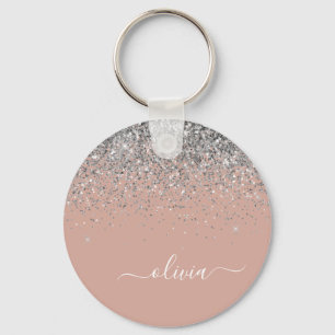 Roos Gold Blush Pink Silver Glitter Monogram Sleutelhanger