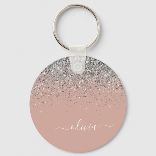 Roos Gold Blush Pink Silver Glitter Monogram Sleutelhanger (Voorkant)