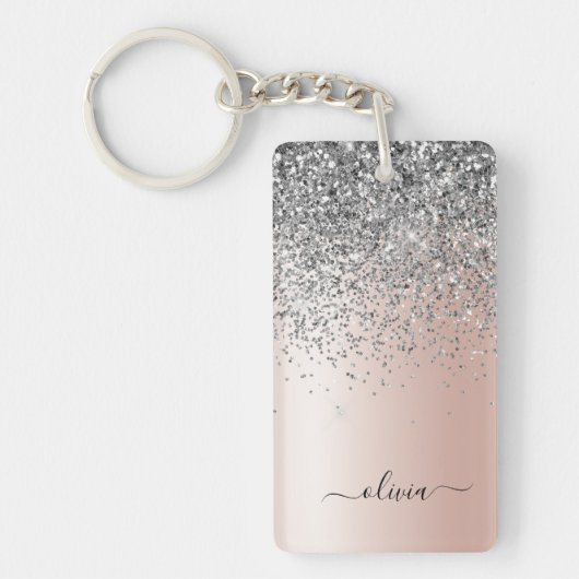 Roos Gold - Blush Pink Silver Glitter Monogram Sleutelhanger (Voorkant)