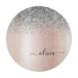 Roos Gold - Blush Pink Silver Glitter Monogram Snijplank