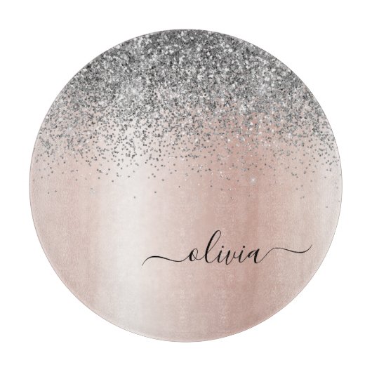 Roos Gold - Blush Pink Silver Glitter Monogram Snijplank (Voorkant)