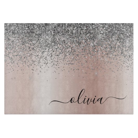 Roos Gold - Blush Pink Silver Glitter Monogram Snijplank (Voorkant)