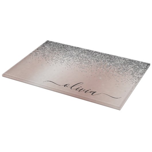 Roos Gold - Blush Pink Silver Glitter Monogram Snijplank (Hoek)