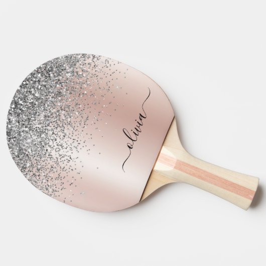 Roos Gold - Blush Pink Silver Glitter Monogram Tafeltennisbatje (Zijkant)