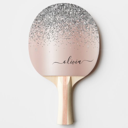 Roos Gold - Blush Pink Silver Glitter Monogram Tafeltennisbatje (Voorkant)