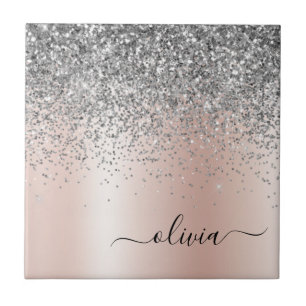 Roos Gold - Blush Pink Silver Glitter Monogram Tegeltje