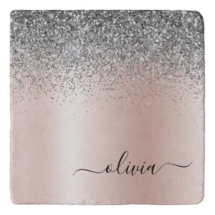 Roos Gold - Blush Pink Silver Glitter Monogram Trivet