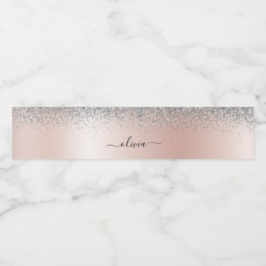 Roos Gold - Blush Pink Silver Glitter Monogram Waterfles Etiket (Enkel label)