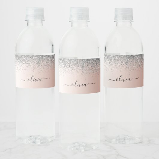 Roos Gold - Blush Pink Silver Glitter Monogram Waterfles Etiket (Flessen)