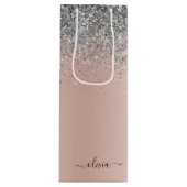 Roos Gold - Blush Pink Silver Glitter Monogram Wijn Cadeautas (Voorkant)