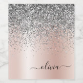 Roos Gold - Blush Pink Silver Glitter Monogram Wijn Etiket (Enkel label)