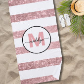 Roos Gold Blush Pink Stripe Naam Monogram Strandlaken