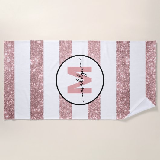 Roos Gold Blush Pink Stripe Naam Monogram Strandlaken (Voorkant)