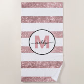 Roos Gold Blush Pink Stripe Naam Monogram Strandlaken (Voorkant)