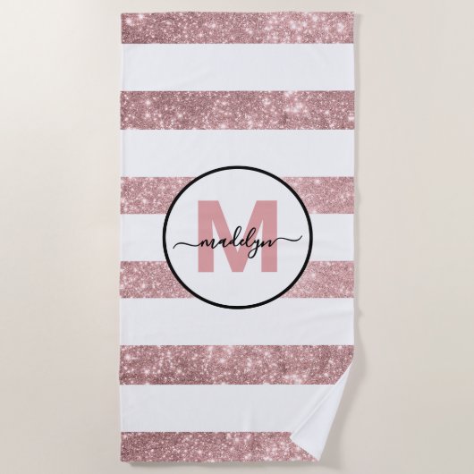 Roos Gold Blush Pink Stripe Naam Monogram Strandlaken (Voorkant)