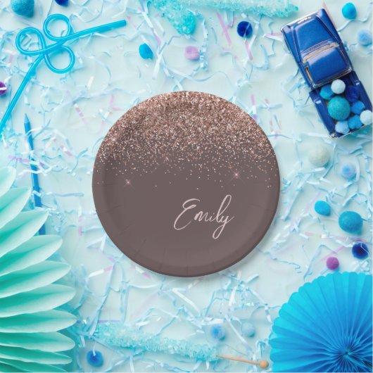 Roos Gold - Blush Pink Terracotta Glitter Monogram Papieren Bordje (Feest)