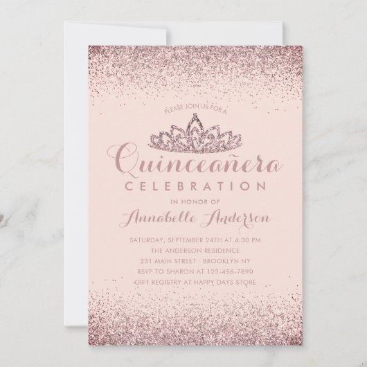 Roos Gold Blush Quinceañera Gold Tiara Glitter Kaart (Voorkant)