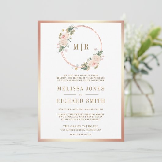 Roos Gold Blush Roze Bloemen Alles in één bruiloft Kaart (Staand voorkant)