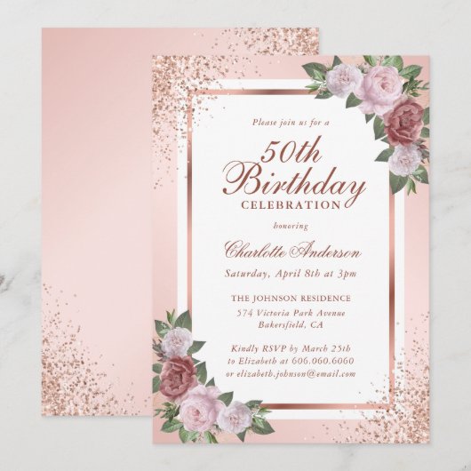 Roos Gold Blush Roze Confetti Bloemen 50e Verjaard Kaart (Voorkant / Achterkant)