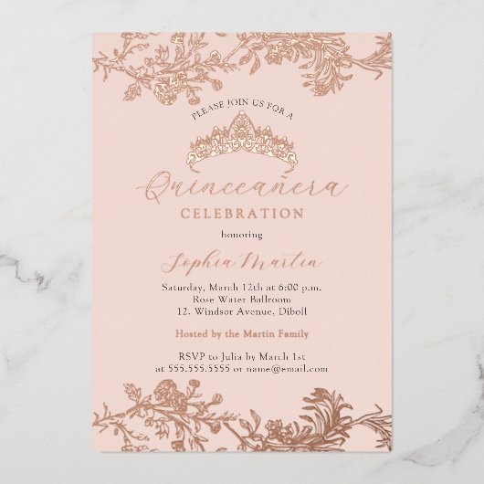 Roos Gold Blush Roze Elegant Quinceanera Folie Uitnodiging (Voorkant)