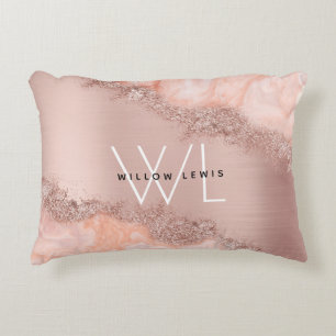 Roos Gold Blush Roze Geode Glitter Monogram Accent Kussen