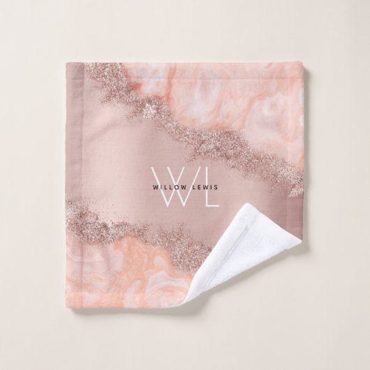 Roos Gold Blush Roze Geode Glitter Monogram Bad Handdoek (Wasdoekje)