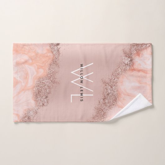 Roos Gold Blush Roze Geode Glitter Monogram Bad Handdoek (Handdoek)