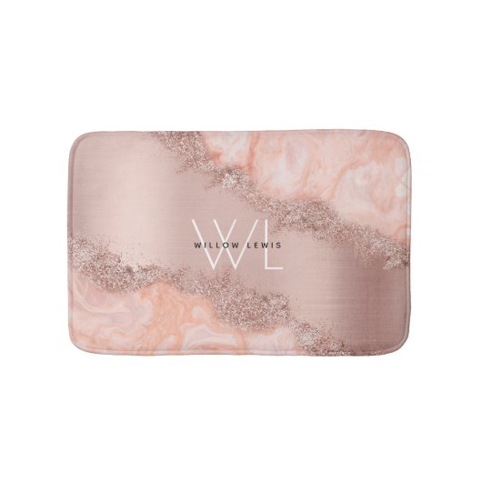 Roos Gold Blush Roze Geode Glitter Monogram Badmat (Voorkant)