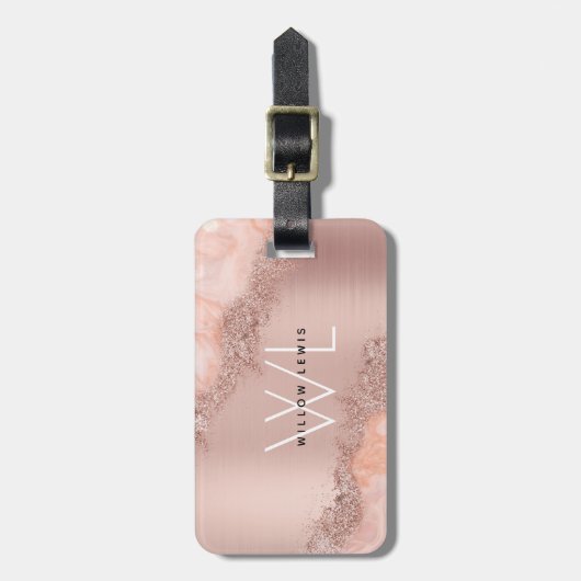Roos Gold Blush Roze Geode Glitter Monogram Bagagelabel (Voorkant verticaal)