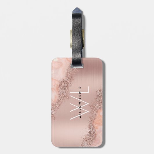 Roos Gold Blush Roze Geode Glitter Monogram Bagagelabel (Achterkant verticaal)