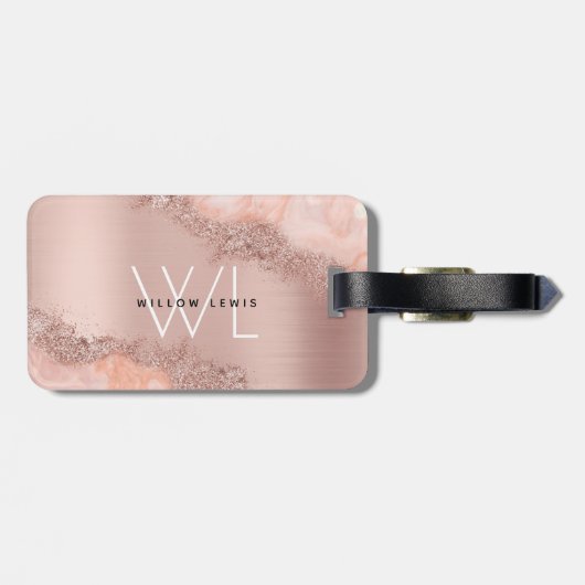 Roos Gold Blush Roze Geode Glitter Monogram Bagagelabel (Achterkant horizontaal)