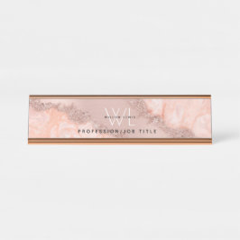 Roos Gold Blush Roze Geode Glitter Monogram Bureau Naambordje