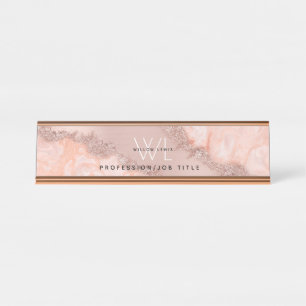 Roos Gold Blush Roze Geode Glitter Monogram Bureau Naambordje