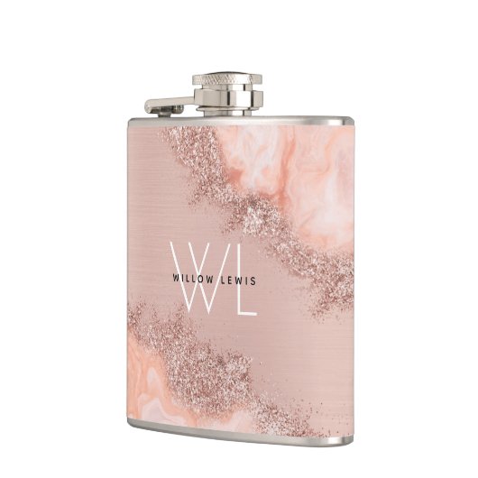 Roos Gold Blush Roze Geode Glitter Monogram Heupfles (Links)