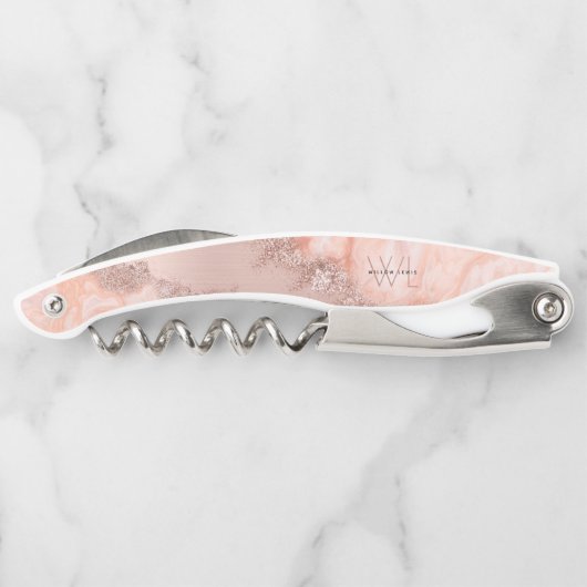 Roos Gold Blush Roze Geode Glitter Monogram Kurkentrekker (Achterkant)