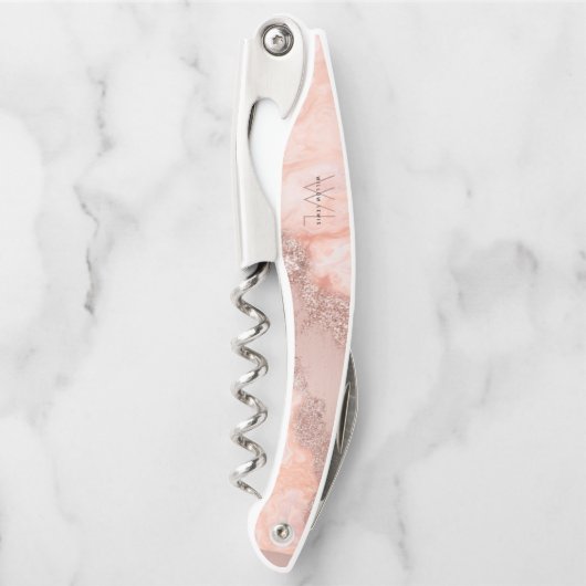 Roos Gold Blush Roze Geode Glitter Monogram Kurkentrekker (Voorkant)