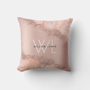 Roos Gold Blush Roze Geode Glitter Monogram Kussen