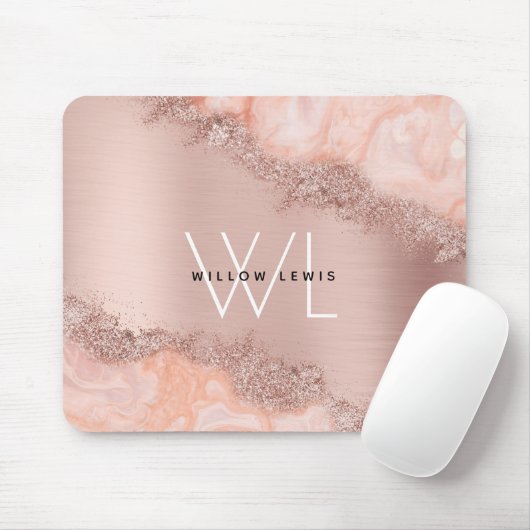 Roos Gold Blush Roze Geode Glitter Monogram Muismat (Met muis)