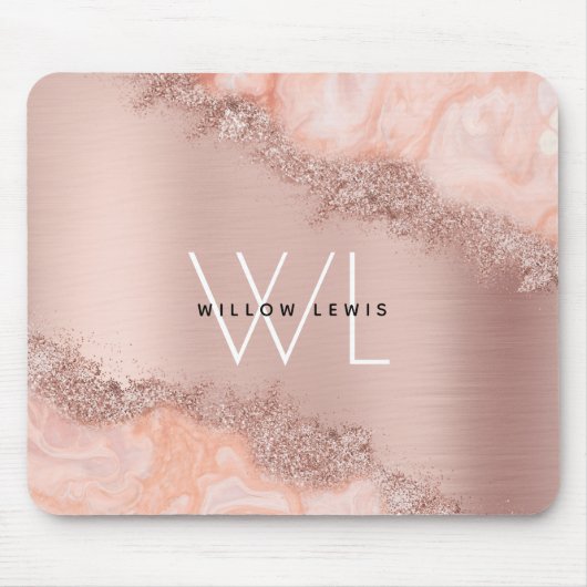 Roos Gold Blush Roze Geode Glitter Monogram Muismat (Voorkant)