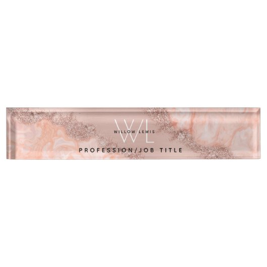 Roos Gold Blush Roze Geode Glitter Monogram Naambordje (Voorkant)