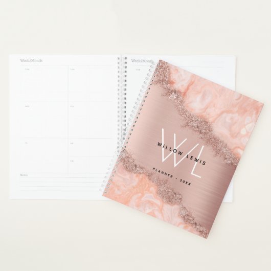 Roos Gold Blush Roze Geode Glitter Monogram Planner (Display)