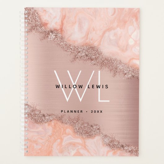 Roos Gold Blush Roze Geode Glitter Monogram Planner (Voorkant)