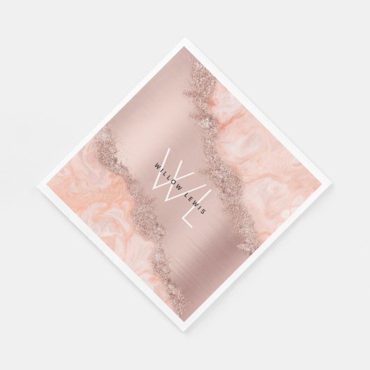 Roos Gold Blush Roze Geode Glitter Monogram Servet (Hoek)